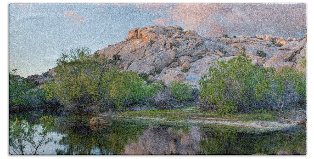 00568631 Beach Towel featuring the Pond, Barker Pond Trail, Joshua Tree National Park, California by Tim Fitzharris