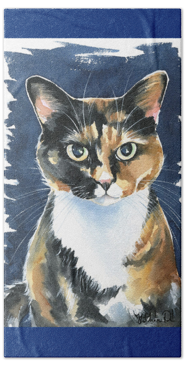 Poppy Calico Cat Painting Beach Sheet featuring the painting Poppy Calico Cat Painting by Dora Hathazi Mendes