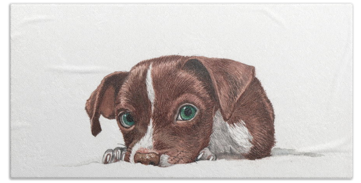Chocolate Beach Towel featuring the painting Portrait of a Chihuahua puppy in watercolor by Christopher Shellhammer