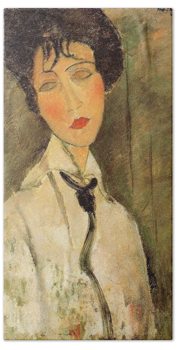 Modigliani Amedeo Beach Towel featuring the painting Portrait of a Woman in a Black Tie - 1917 - PC - Painting - oil on canvas by Modigliani Amedeo