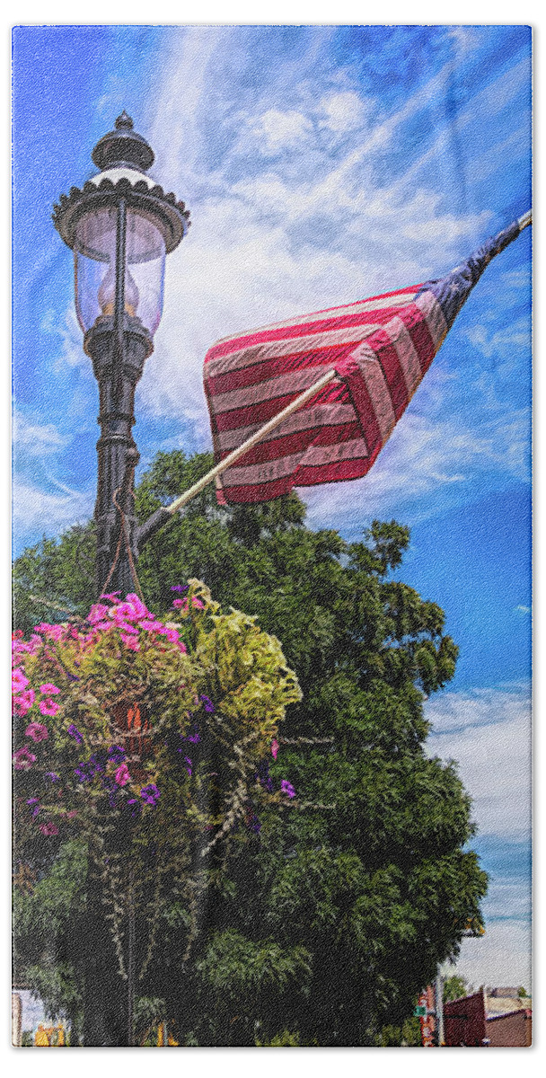 American Beach Towel featuring the photograph Pretty All American Lamp Post Flowers and Flag by Debra Martz