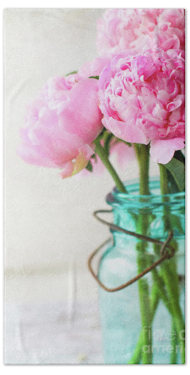 Flowers Beach Towel featuring the photograph Pretty Pink Peonies in a Blue Antique Mason Jar by Stephanie Frey