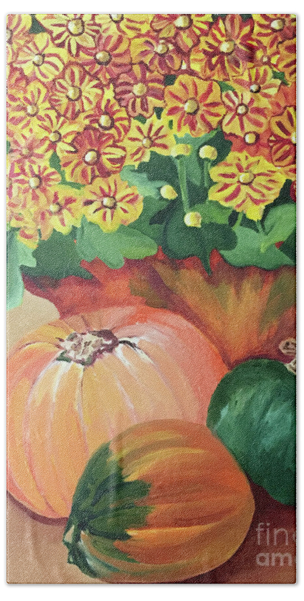 Pumpkin With Flowers By Annette M Stevenson;fall Season Collection By Annette M Stevenson Beach Towel featuring the painting Pumpkin with Flowers by Annette M Stevenson