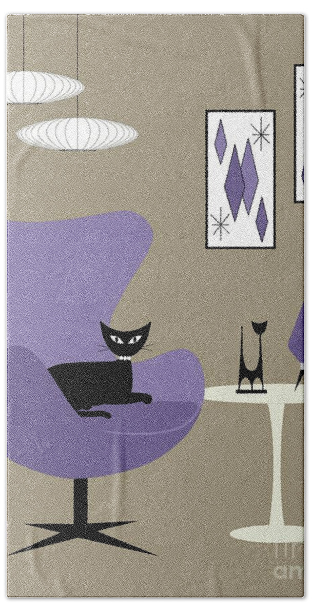 Mid Century Modern Beach Towel featuring the digital art Purple Egg Chair with Cats by Donna Mibus