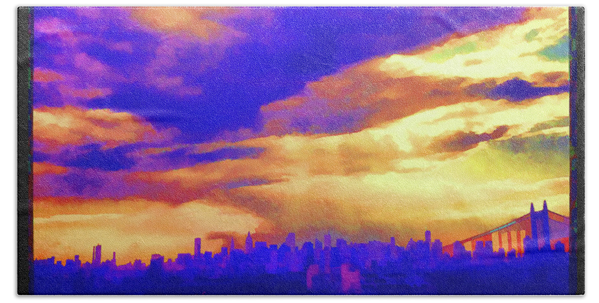 Purple Haze Beach Towel featuring the digital art Purple Haze View of NYC by Xine Segalas