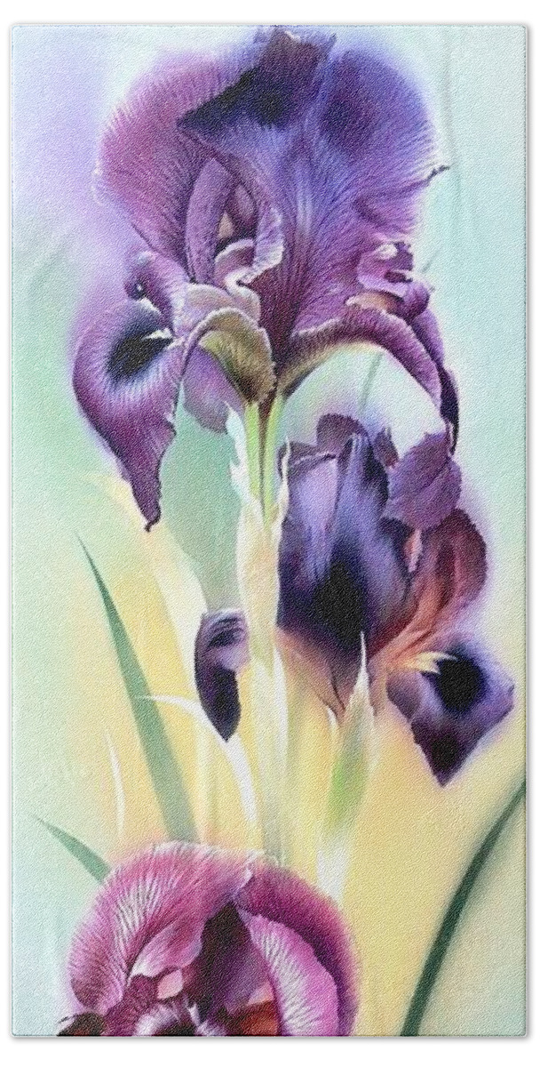 Russian Artists New Wave Beach Towel featuring the painting Purple Iris Flowers by Alina Oseeva