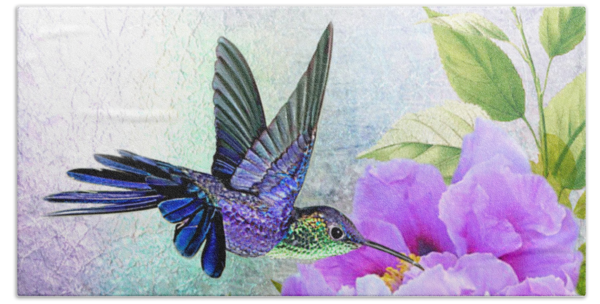 Humming Bird On Flowers Beach Sheet featuring the digital art Purple Pleasure by Morag Bates
