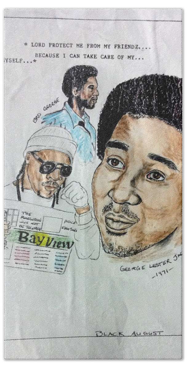 Black Art Beach Towel featuring the drawing George Jackson with Pyeface aka The George Jackson of Rap by Joedee