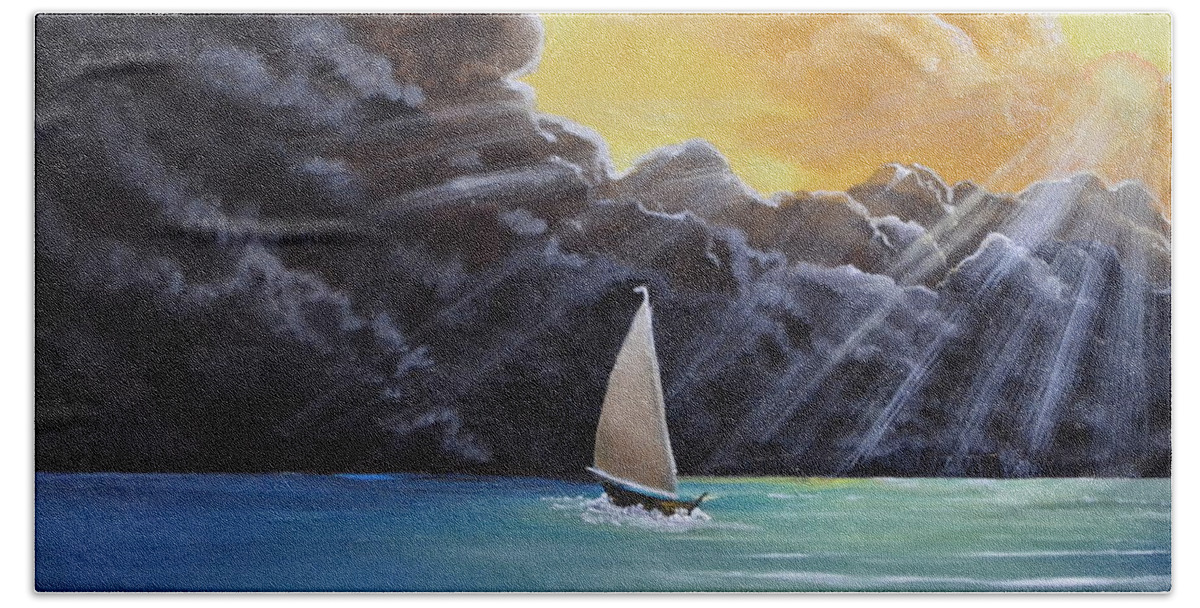 This Oil Painting Depicts A Sail Boat Racing To Get Home Before The Coming Storm. This Painting Is 11x14 Inches And Would Fit In Any Room. I Painted The Sky With Two Types Of Weather. First The Sunny Part With Bright Clouds And The Other Half With Dark Storm Clouds. The Ocean Is Still Calm Because The Storm Has Not Arrived Yet. I Put In The Sunbeams To Show The Coming Storm. I Put A Light Colored Ocean Near The Sailboat For A Reflection. I Feel The Sunbeams Draws Your Eye To The Boat. Beach Towel featuring the painting Racing Home by Martin Schmidt