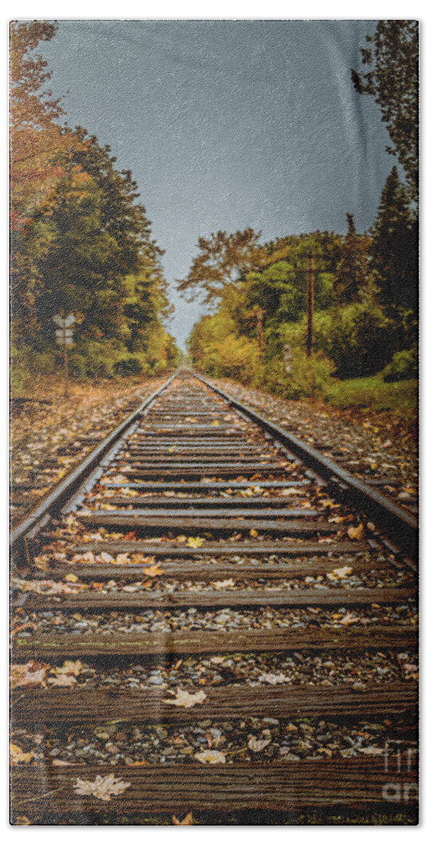 Autumn Beach Towel featuring the photograph Railroad Tracks Yarmouth by Elizabeth Dow