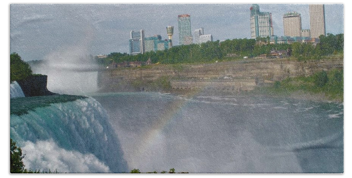 Niagara Beach Towel featuring the photograph Rainbow over American Falls by Bnte Creations