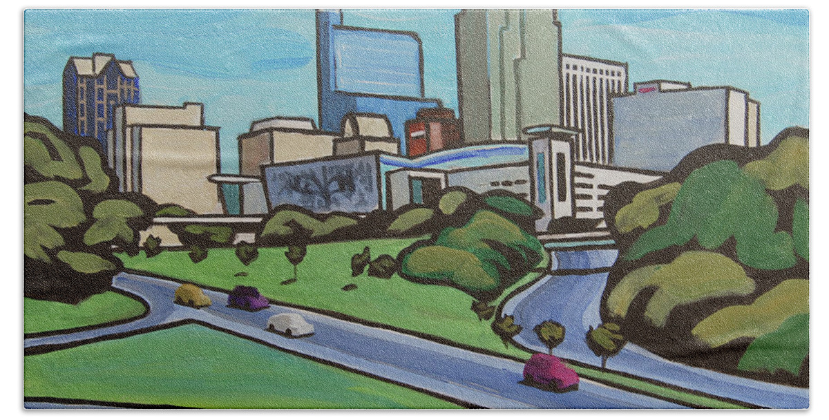Raleigh Beach Sheet featuring the painting Raleigh Skyline cartoon 16 x 20 ratio by Tommy Midyette