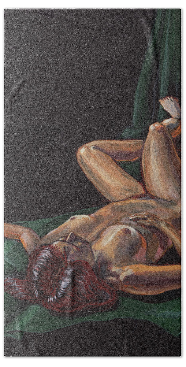 Nude Beach Towel featuring the painting Reclining Nude Model Foreshortening Study by Irina Sztukowski