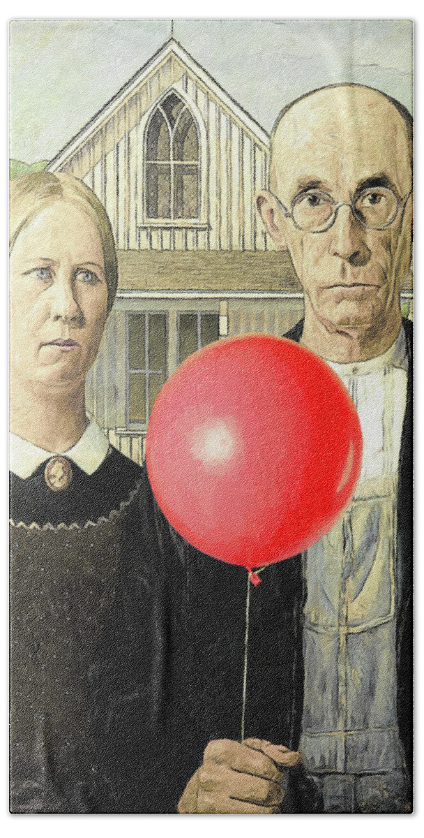 Balloon Beach Towel featuring the digital art Red Balloon Does American Gothic by John Haldane