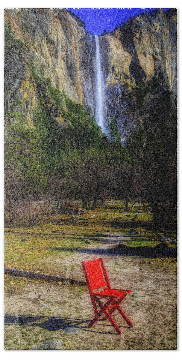 Red Beach Towel featuring the photograph Red Chair At Bridalveil Fall by Garry Gay