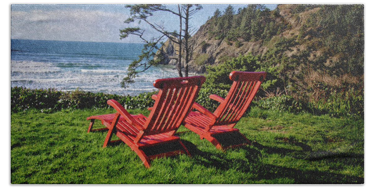 Adirondack Chairs Beach Sheet featuring the photograph Red Chairs At Agate Beach by Thom Zehrfeld