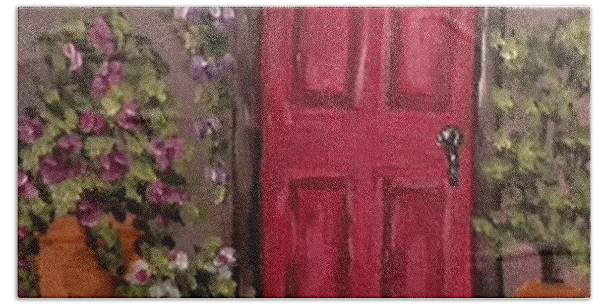 Landscape Beach Towel featuring the painting Red Door by Queen Gardner