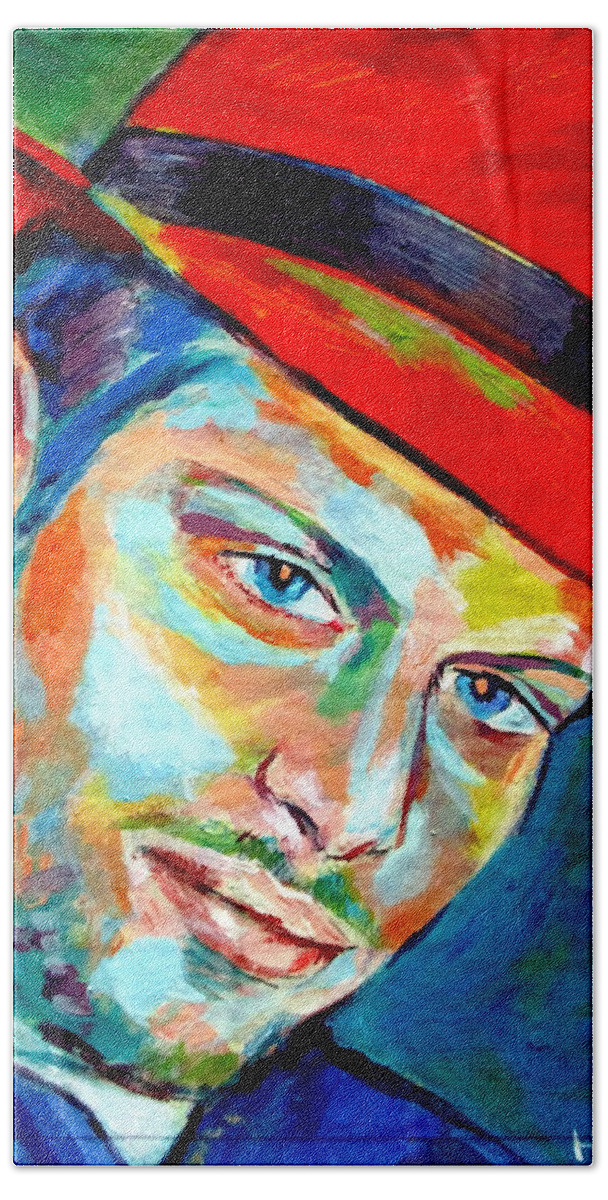 Abstract Portrait Beach Towel featuring the painting Red hat by Helena Wierzbicki