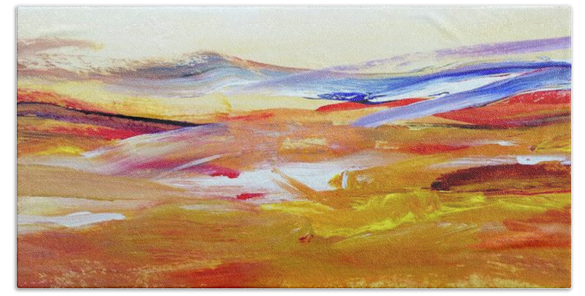 Landscape Beach Towel featuring the painting Red Hills From The Sky by Alida M Haslett
