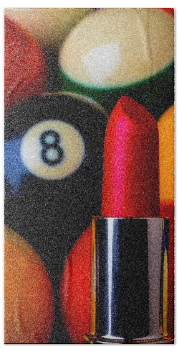 Cosmetics Beach Towel featuring the photograph Red Lipstick And Eight Ball by Garry Gay