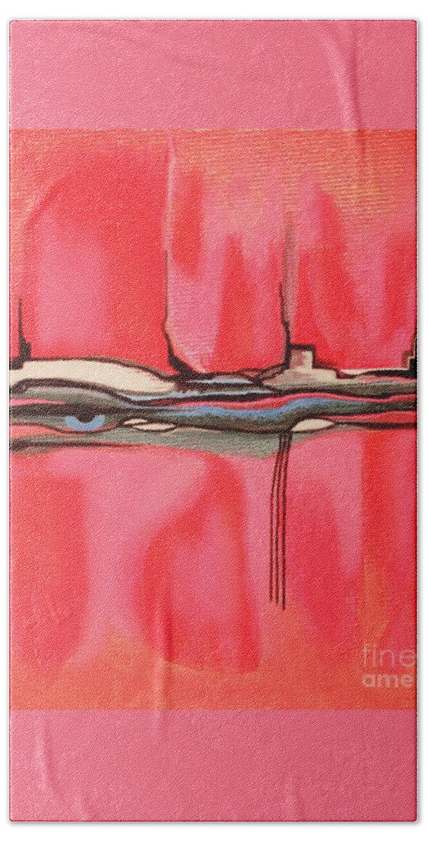 Digital Art Beach Towel featuring the mixed media Red Pink Peach Blue Eye in Pink Adobe World Abstract Landscape Wall Artwork by Delynn Addams by Delynn Addams