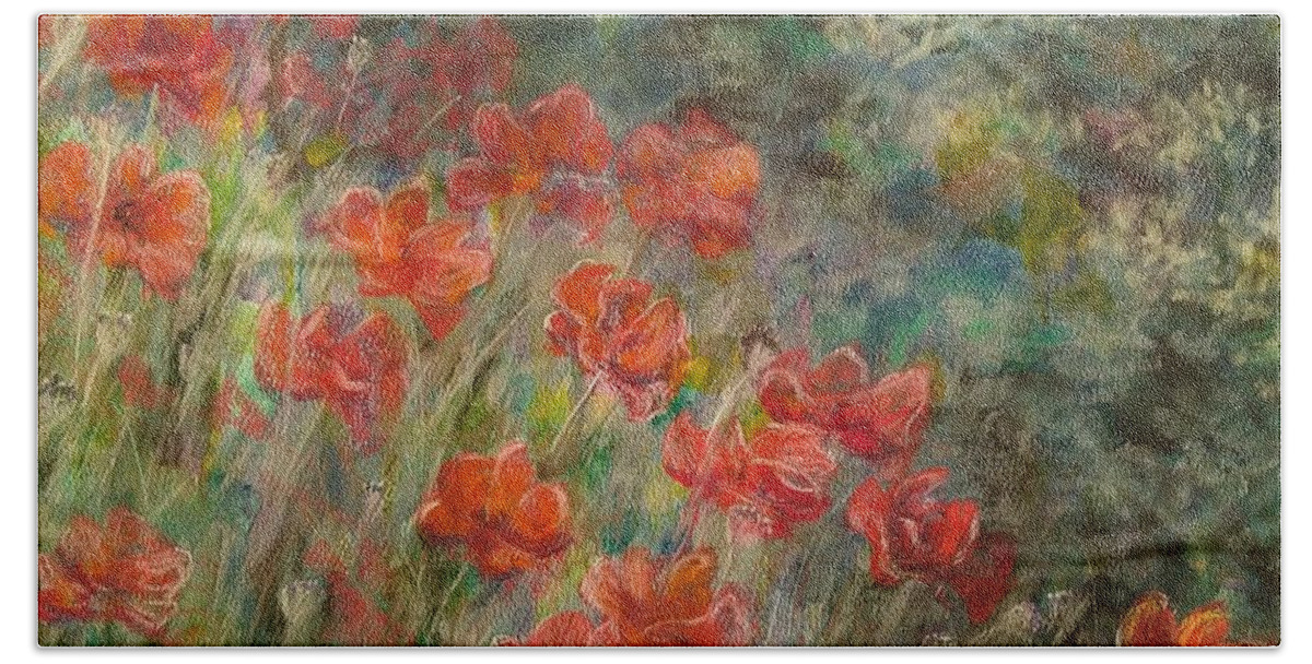 Red Beach Towel featuring the pastel Red Poppies by Lisa Bliss Rush