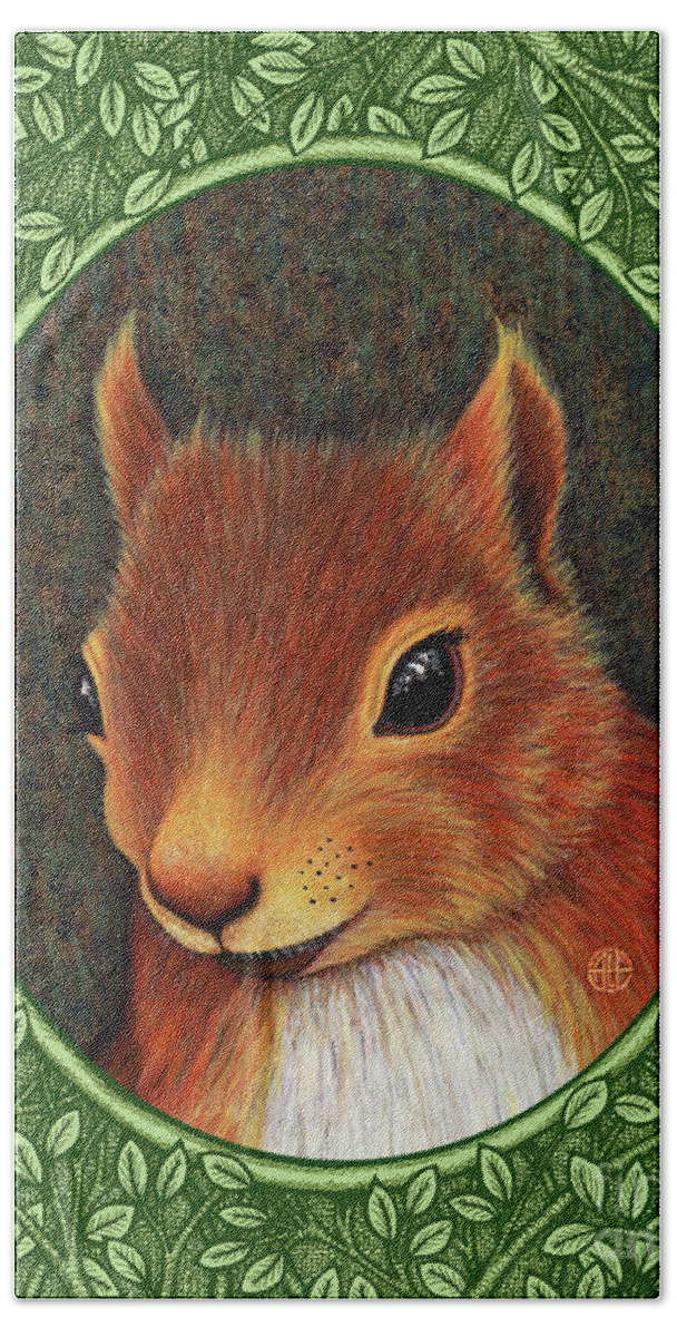 Animal Portrait Beach Towel featuring the painting Red Squirrel Portrait - Green Border by Amy E Fraser