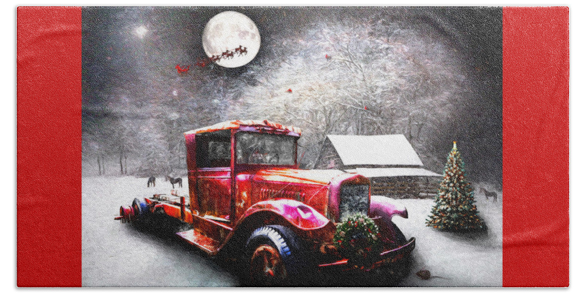 Barn Beach Towel featuring the photograph Red Truck on Christmas Eve Oil Painting by Debra and Dave Vanderlaan