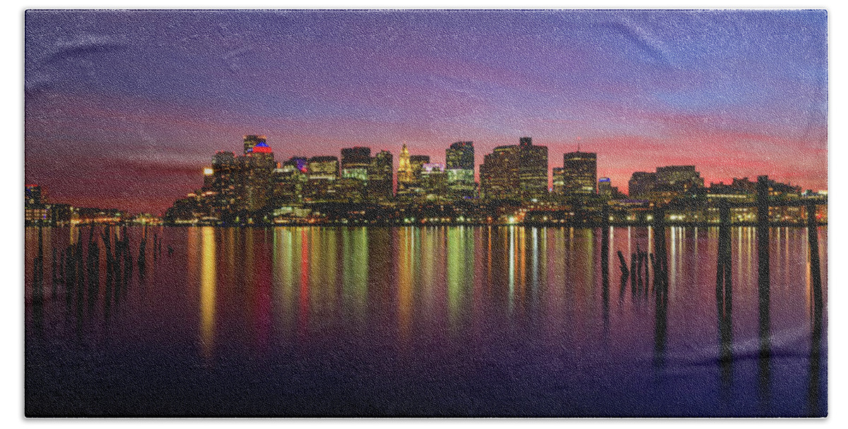 Boston; City; Cityscape; Color; Colorful; Sunset; Lo Presti Park; Posts; Old; Skyscrapers; Custom House; Long Exposure; Calm; Winter; Lights; Reflections; Harbor; Historic; Beantown; Massachusetts; New England; Rob Davies; Photography Beach Towel featuring the photograph Reflections of Boston II by Rob Davies