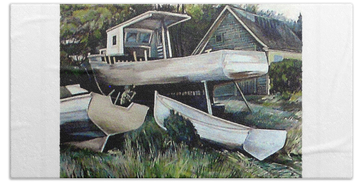 Rodney Mackay Beach Towel featuring the painting Richardson Boat Shop by Art MacKay