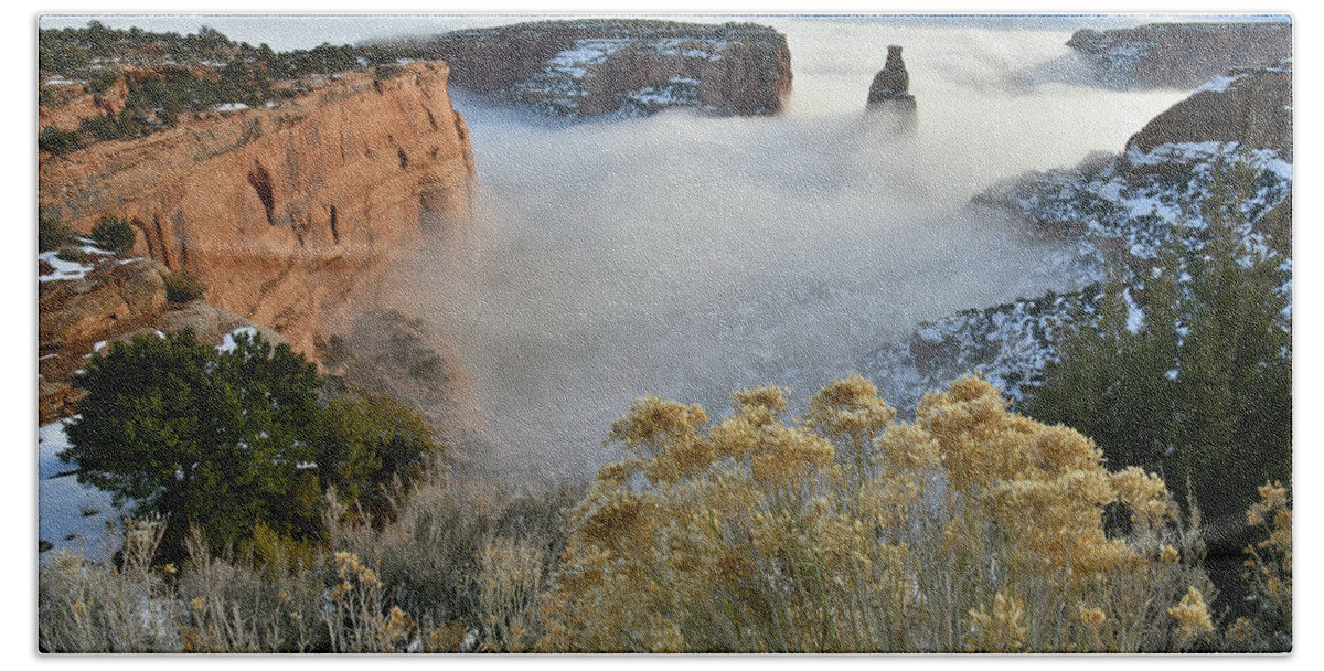 Colorado National Monument Beach Towel featuring the photograph Rim Rock Drive View of Fogged Independence Canyon by Ray Mathis