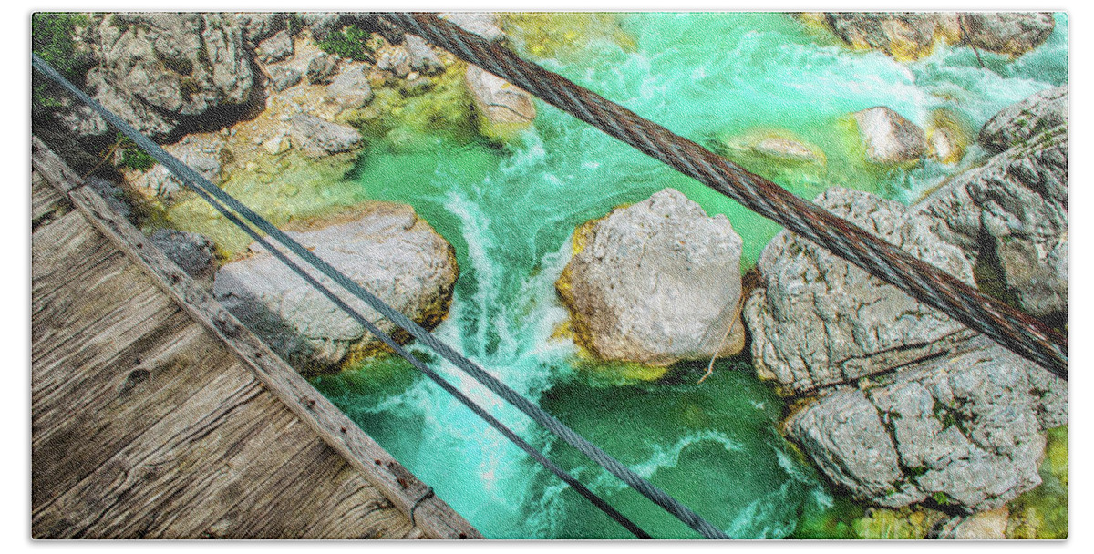 River Beach Towel featuring the photograph River Crossing Foot Bridge Look Down Soca Isonzo River by Luca Lorenzelli