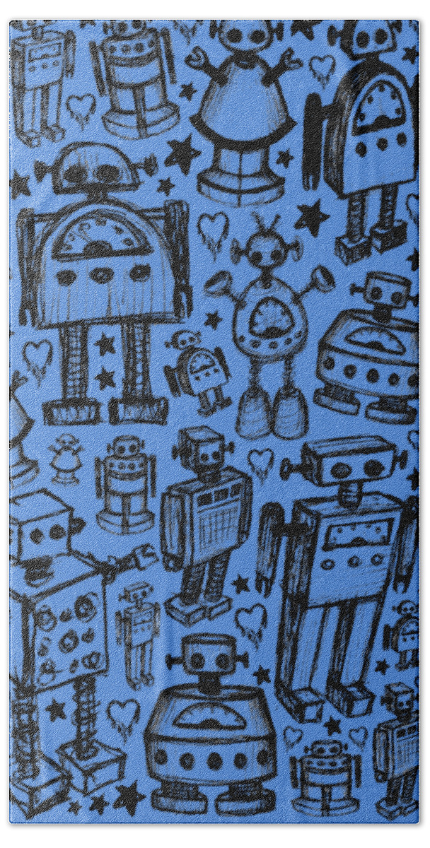 Robot Beach Towel featuring the drawing Robot Crowd Graphic by Roseanne Jones