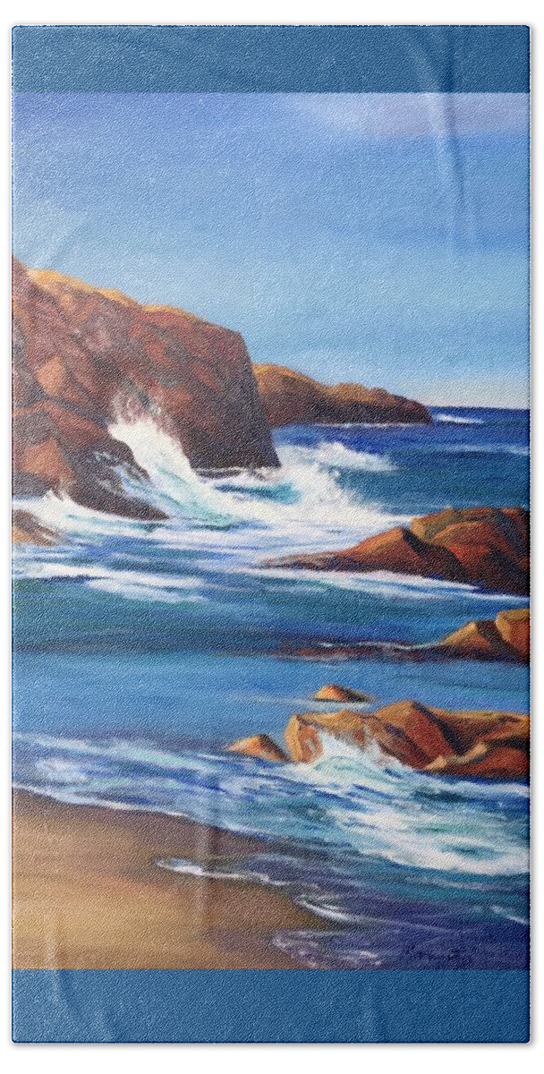 Seascape Beach Towel featuring the painting Rocky Shores,Minot Light by Maureen Obey
