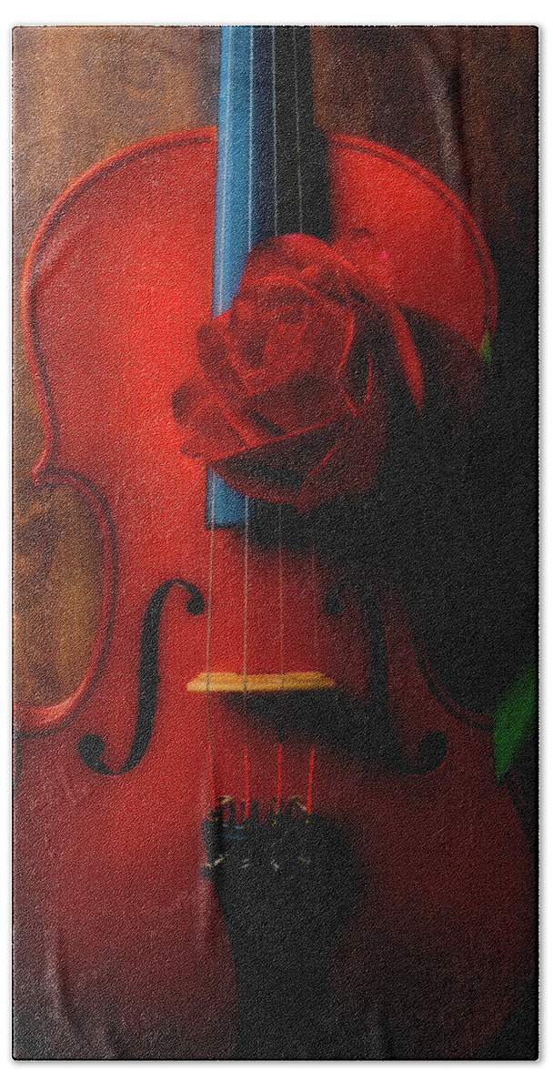 Violin Beach Towel featuring the photograph Romantic Rose With Violin by Garry Gay