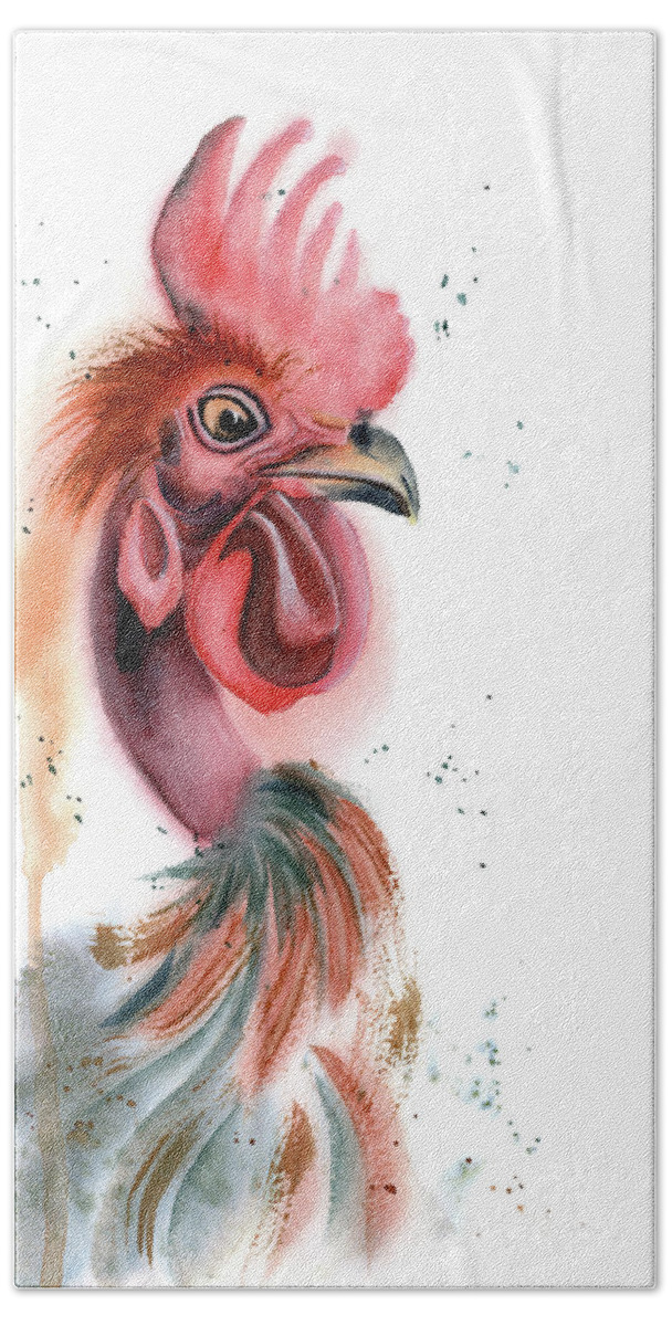 Rooster Beach Towel featuring the painting Rooster portrait by Paintis Passion