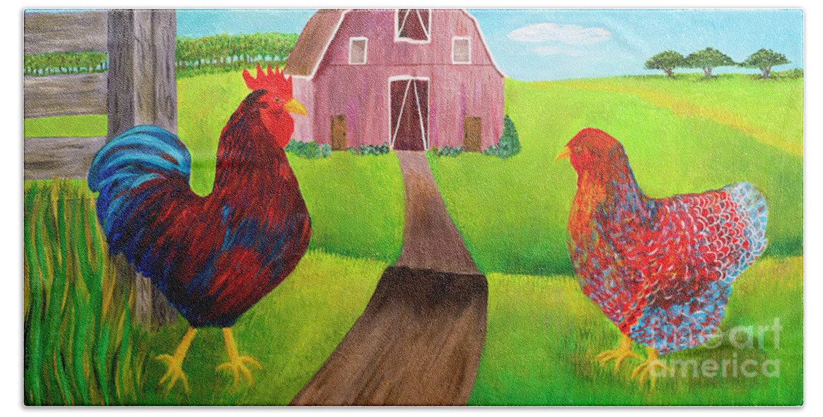 Rooster Beach Towel featuring the painting Rooster Says Cockledoodle Dooo and Hen Crossing Road by Elizabeth Mauldin
