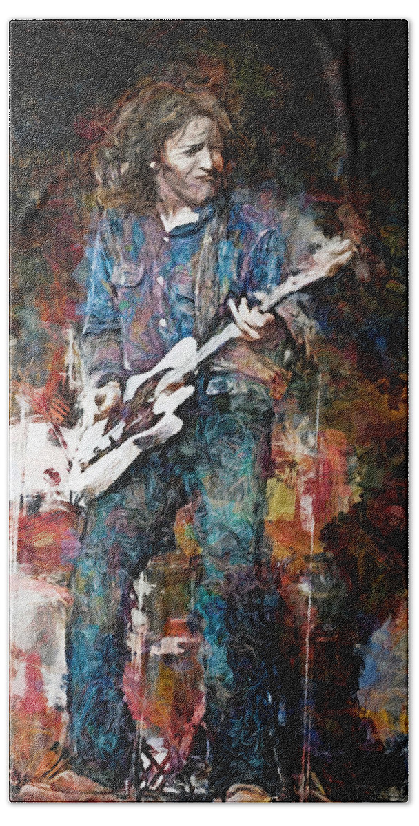 Rory Gallagher Beach Towel featuring the mixed media Rory Gallagher, Blues and Rock Instrumentalist by Mal Bray