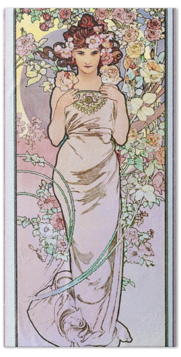 Rose Beach Towel featuring the painting Rose by Alphonse Mucha by Rolando Burbon