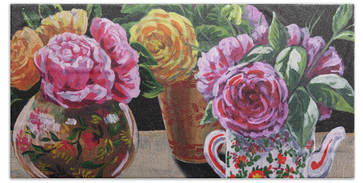 Vases Beach Towel featuring the painting Roses In Three Vases Floral Impressionism by Irina Sztukowski