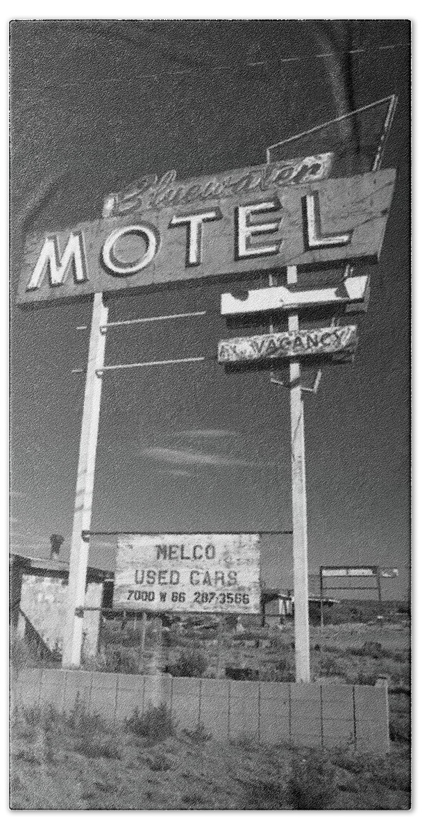 66 Beach Towel featuring the photograph Route 66 - Bluewater Motel 2012 BW by Frank Romeo
