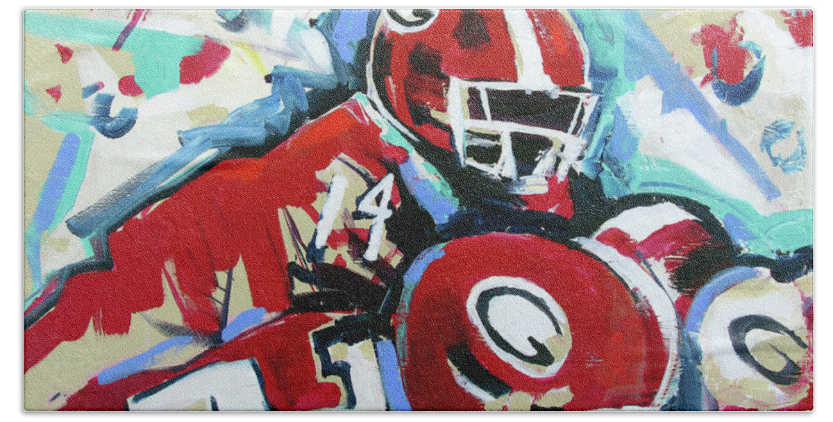 Uga Football Beach Towel featuring the painting Run The Play by John Gholson