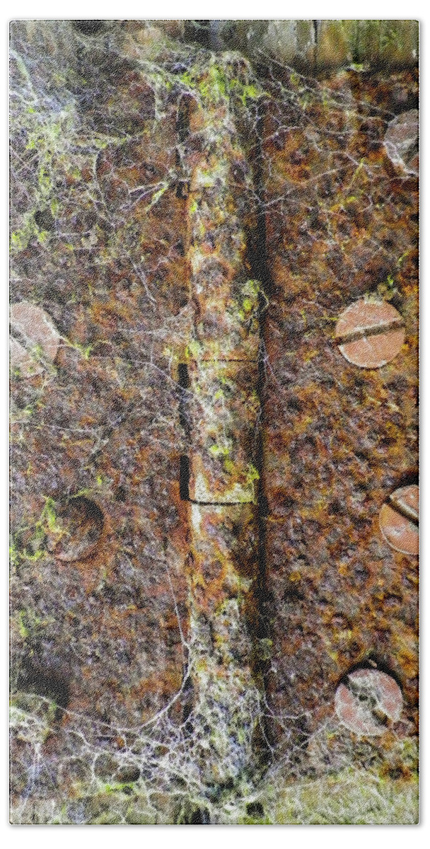 Cobwebs Beach Towel featuring the photograph Rusty Old Door Hinge With Cobwebs by Richard Brookes