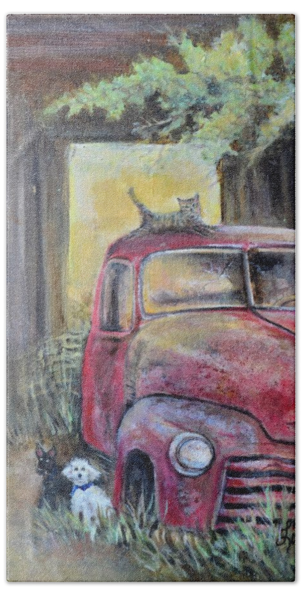  Red Truck Car Beach Towel featuring the painting Rusty Red Truck by Linda Shackelford