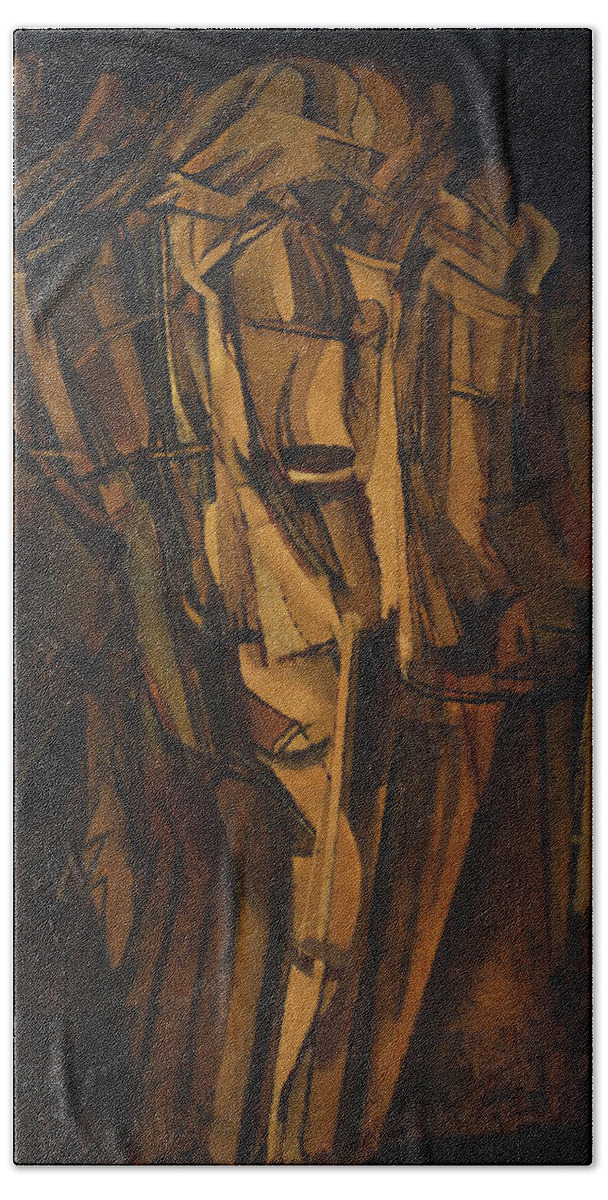 Marcel Duchamp Beach Towel featuring the painting Marcel Duchamp - Sad Young Man on a Train by Jon Baran