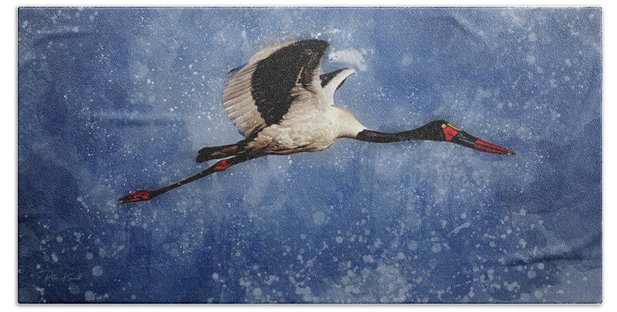 Saddle Billed Stork Beach Towel featuring the digital art Saddle Billed Stork by Peter Kennett