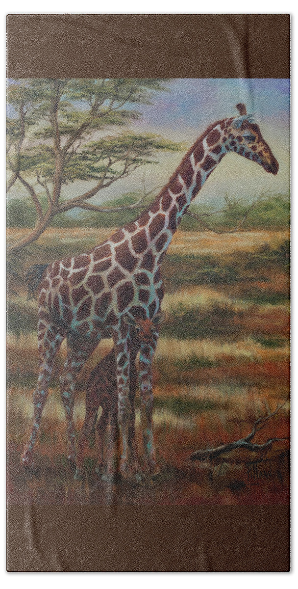 Giraffe Beach Towel featuring the painting Safe Haven by Lynne Pittard