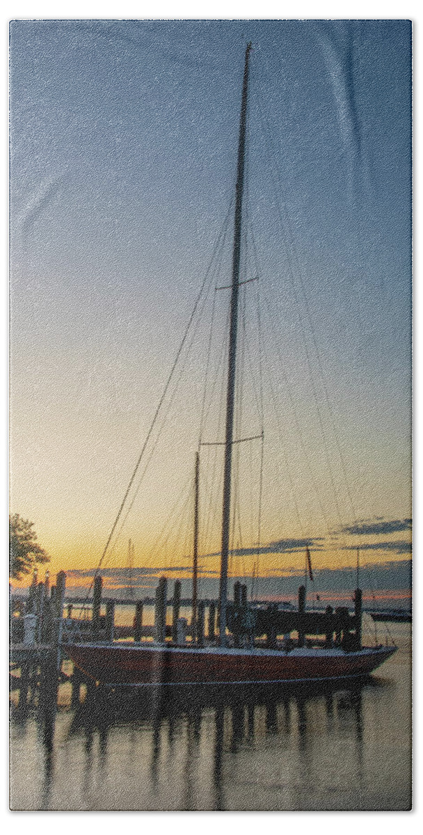 Sailboat Beach Towel featuring the photograph Sailboat at Sunrise in Annapolis Harbor by Bill Cannon