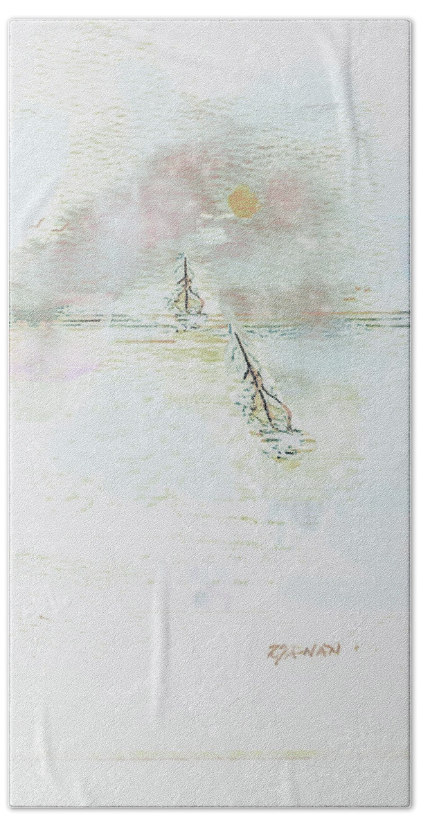 Original Watercolor Painting Beach Towel featuring the painting Sailing Perspectives by Zsanan Studio