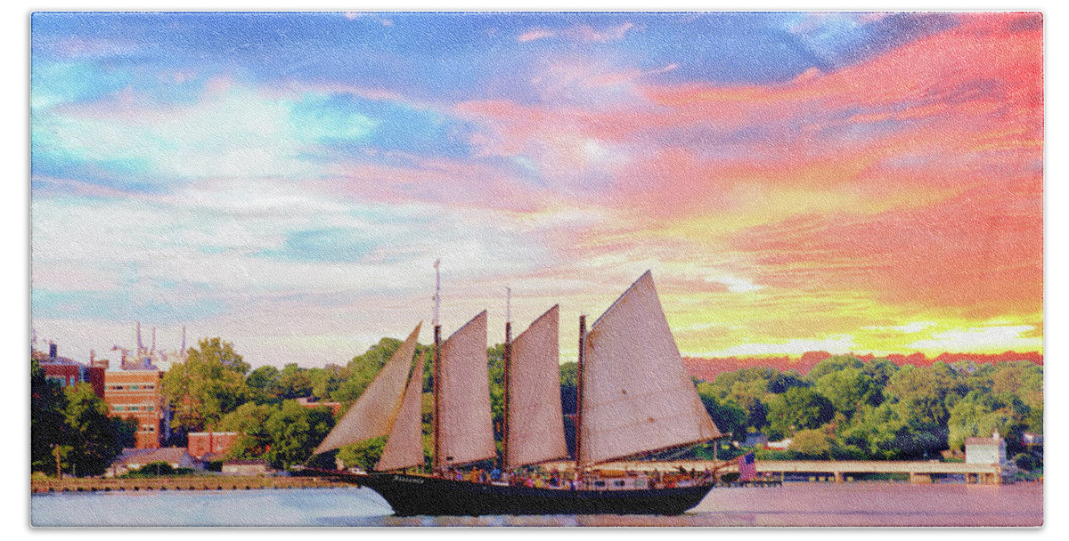 Schooner Beach Towel featuring the photograph Sails in the Wind at Sunset on the York River by Ola Allen